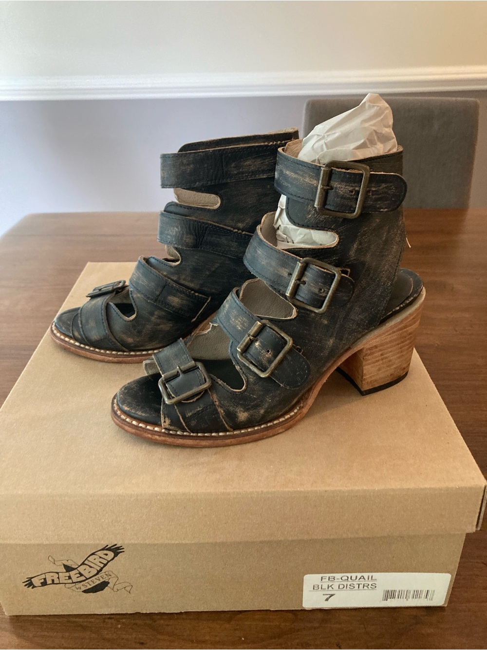 Freebird by Steven Black Distressed Leather Buckle Heeled Quail Sandal Boots